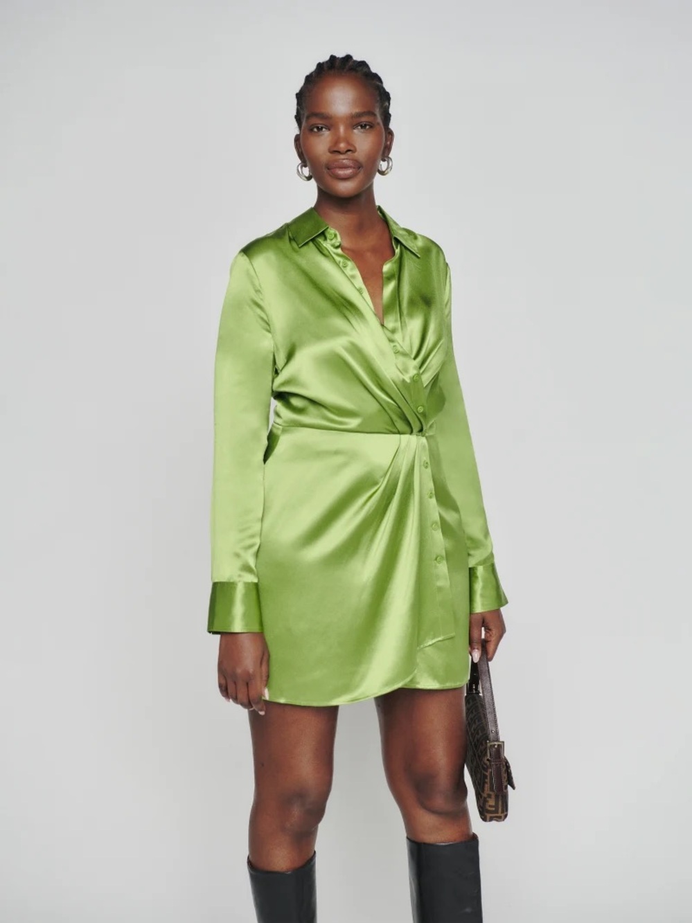 Reformation Silk Long Sleeve Wrap Dress in Lime Green